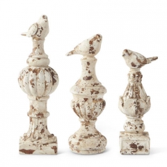 WHITEWASHED RESIN FINIALS WITH BIRD TOPS - SET OF 3