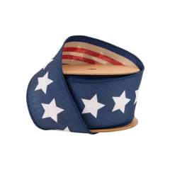 2.5" NATURAL PATRIOTIC BLUE STAR RIBBON - SOLD BY YARD