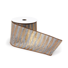 4" WIDE GRAY AND METALLIC GOLD WIRED RIBBON - BY THE YARD
